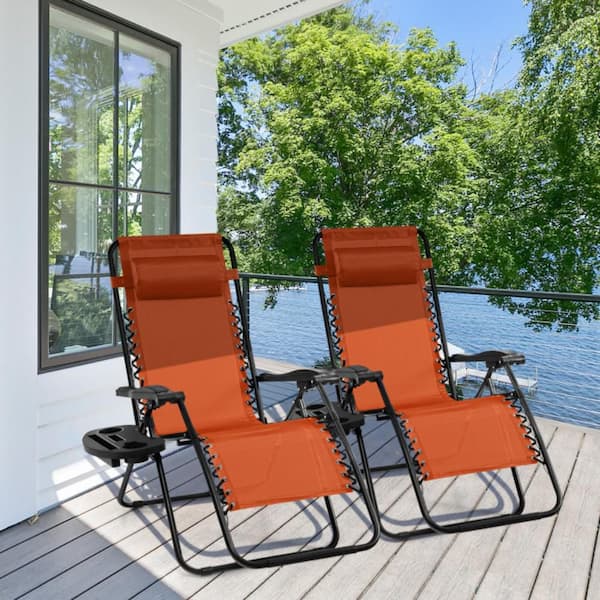 2-Pack Metal Outdoor Folding Zero Gravity Reclining Lounge Chairs in Orange with Tray and Headrest for Garden Beach