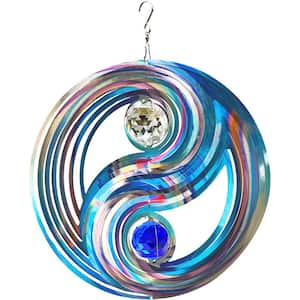 Mandala Wind Spinner with Crystal ball 3D Stainless Steel Hanging Kinetic Yard Art Multi Blue Wind Sculpture