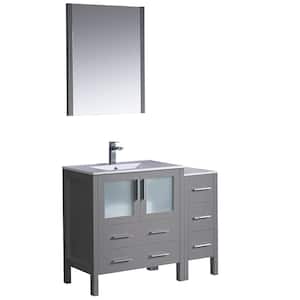Torino 42 in. Bath Vanity in Gray with Ceramic Vanity Top in White with White Basin with Side Cabinet and Mirror