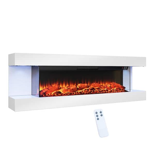 Clihome 50 in. Wall Mounted LED Electric Fireplace with Floating Mantel, 12 Flame Color and Timer