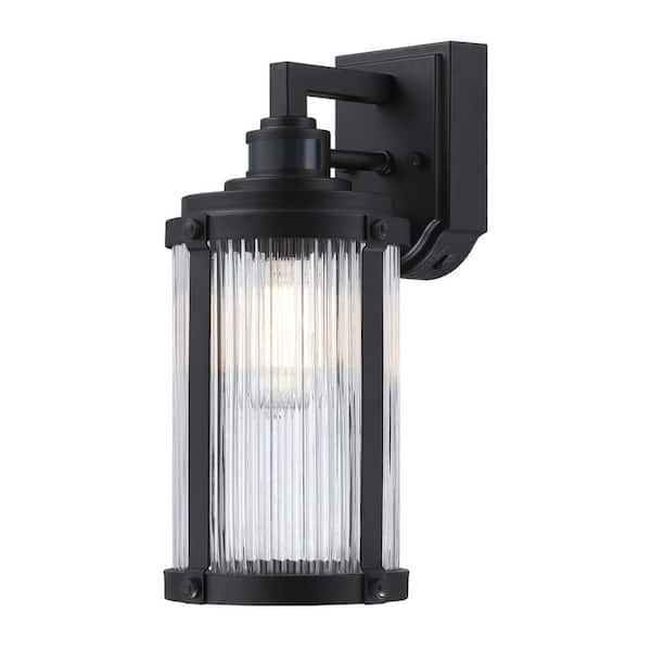 Westinghouse Armin 1-Light Textured Black Motion Sensing Outdoor Wall Lantern Sconce with Clear Ribbed Glass