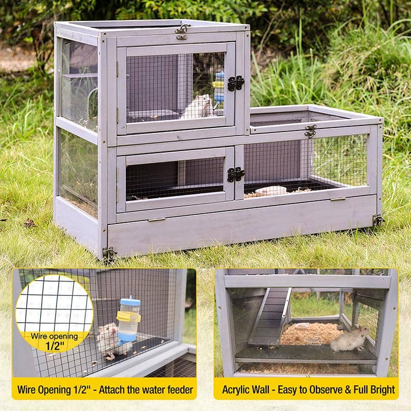 Gray Wooden Two-Level Small Pet Cage with Wheels
