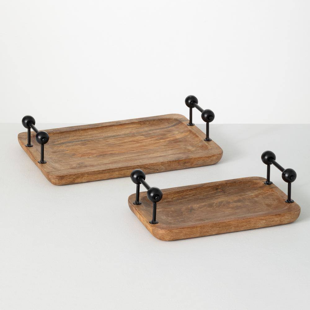Rustic Brown Wooden Tray Set with Black Metal Handles