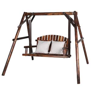 4.4 ft. 2-Person Carbonized Fir Wood Patio Porch Swing with A-Frame Stand