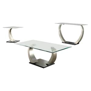 Zavid 3-Piece 50 in. Clear and Silver Rectangle Glass Coffee Table Set