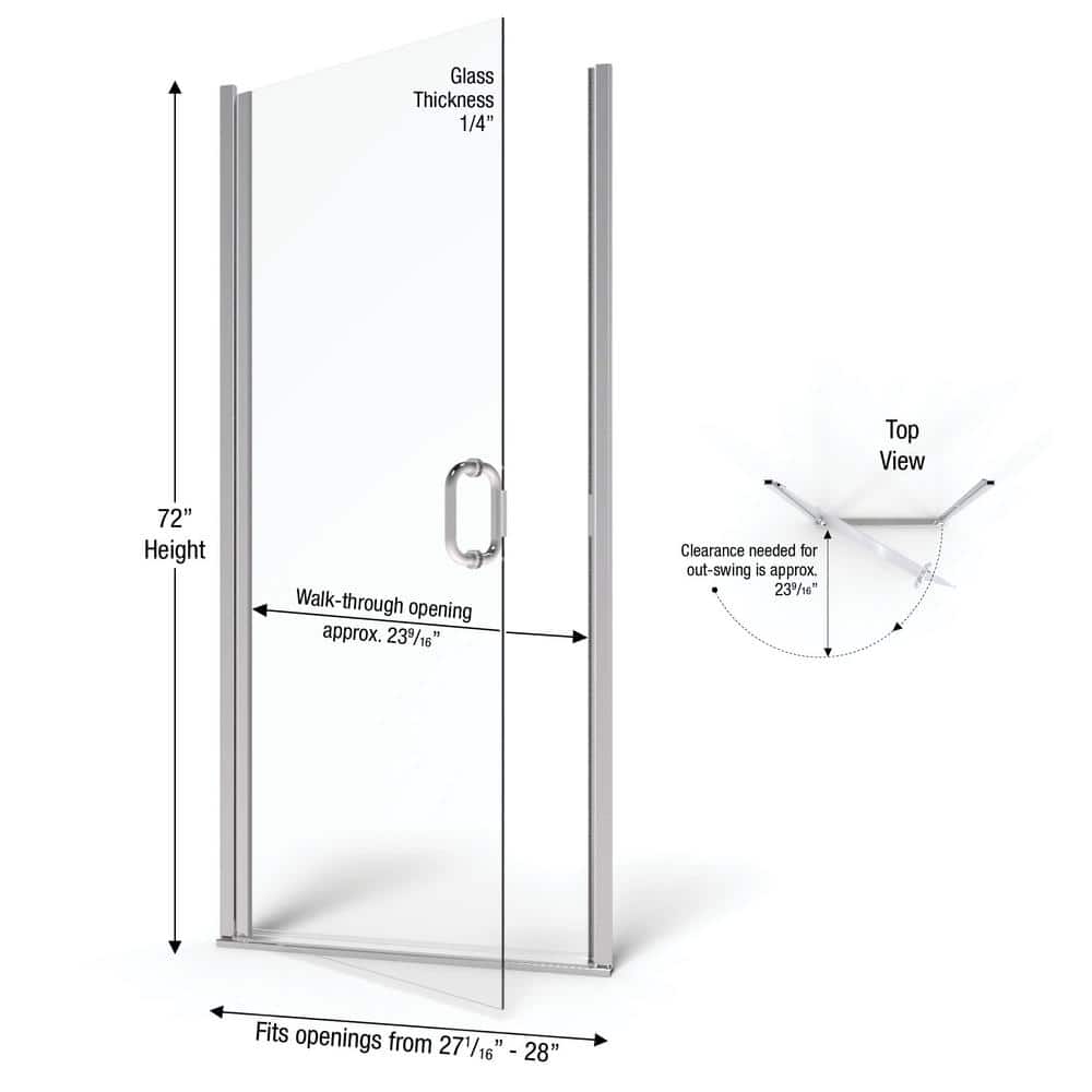 Infinity 28" x 72" Chrome Semi-Frameless Hinged Shower Door