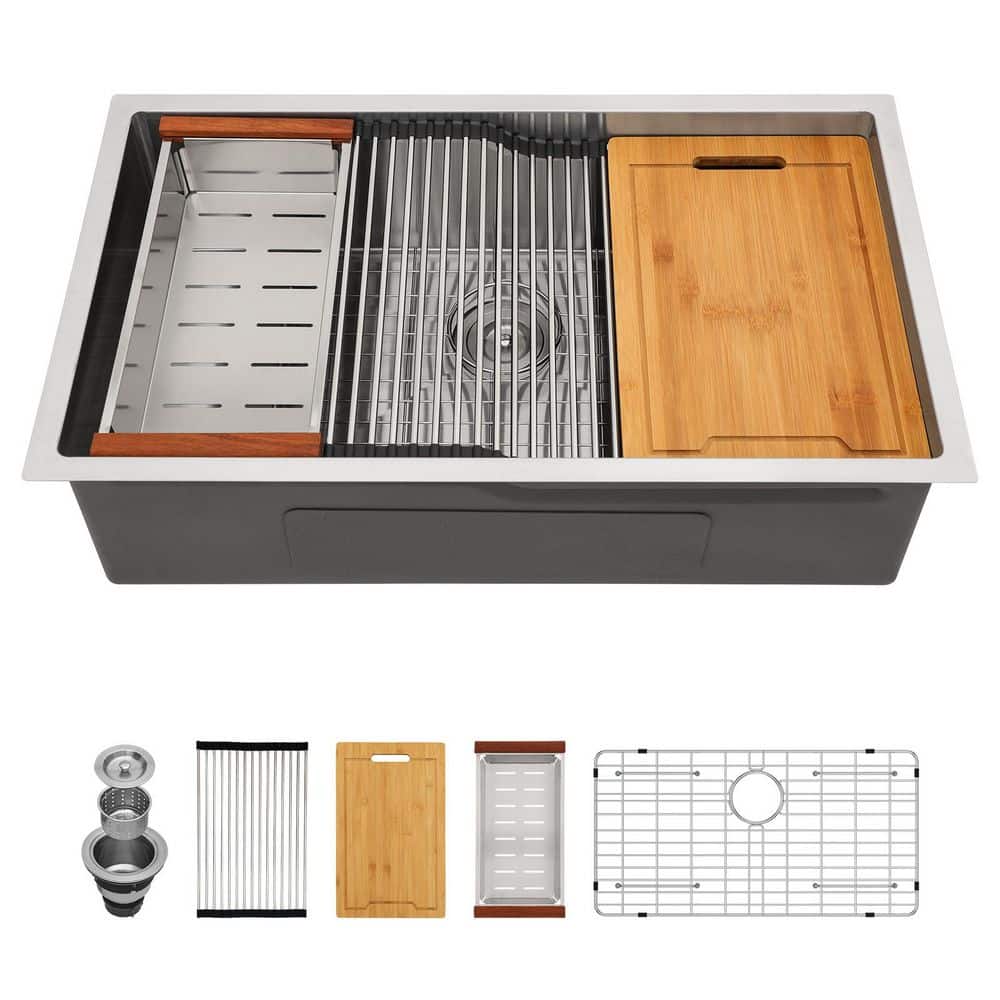 33 in. Undermount Single Bowl 16-Gauge Brushed Stainless Steel Kitchen Sink with 2-Tier Ledge and Accessories price history on PriceWatchPro