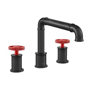 Avallon 8 in. Widespread 2-Handle Bathroom Faucet with Red Handles in Matte Black