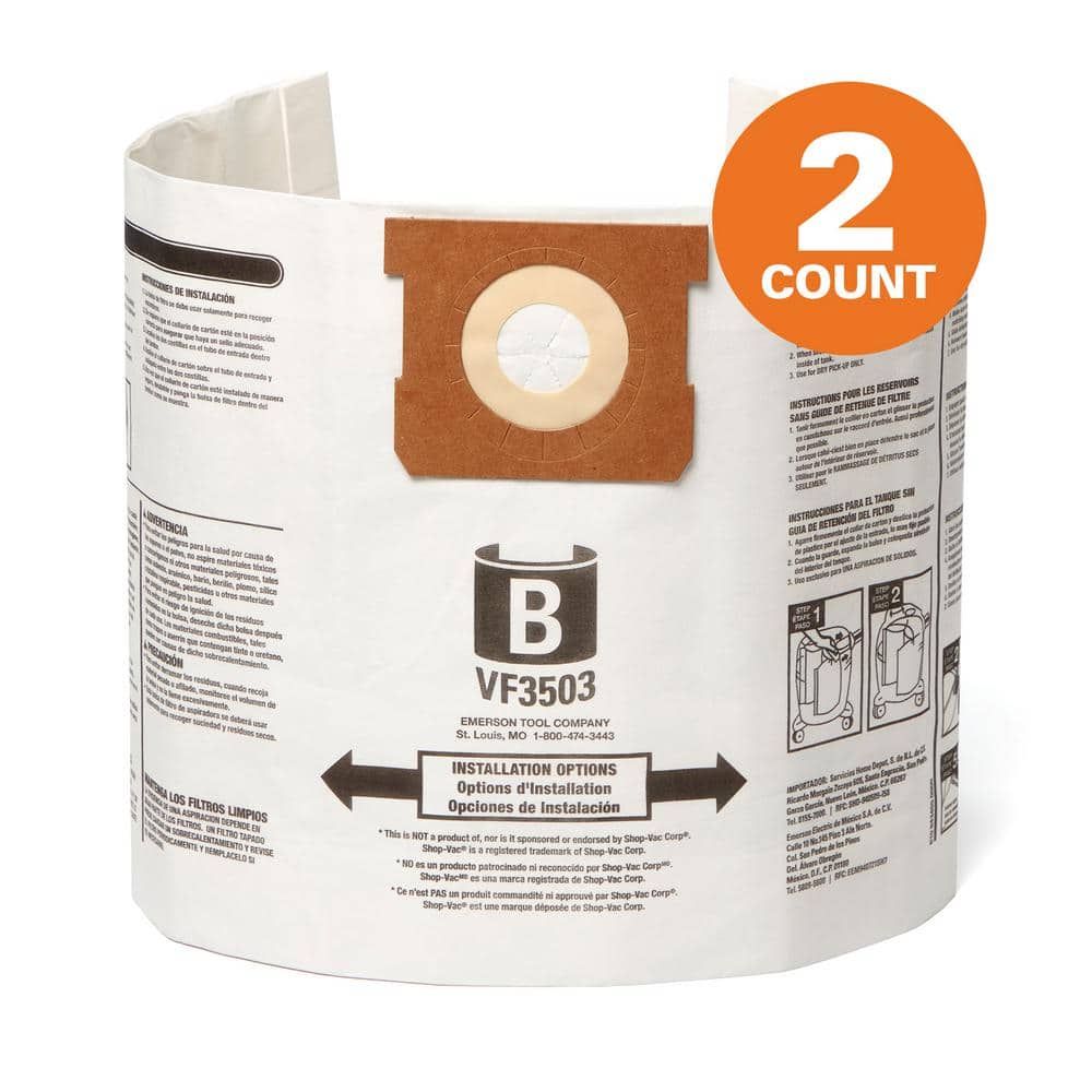 Genuine VF3503 Wet Dry Vac Dry Pick-up Only Dust Bags for Select 5-10 Gal.  Vacs, except HD0600, Size B (2-Pack) price history on PriceWatchPro