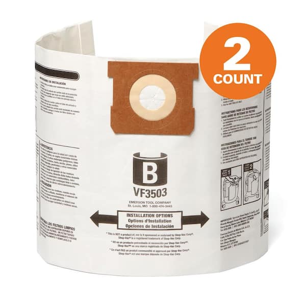 Genuine VF3503 Wet Dry Vac Dry Pick-up Only Dust Bags for Select 5-10 Gal. RIDGID Vacs, except HD0600, Size B (2-Pack)