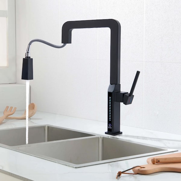 1-Handle 17 in. H Pull Down Sprayer Kitchen Faucet 180° Rotating Sink Faucet 2 GPM w/ Digital Display in Matte Black