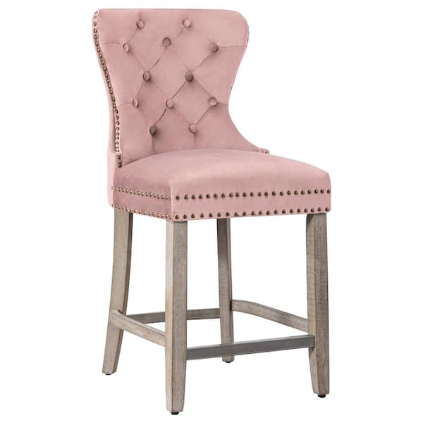 WESTINFURNITURE Harper 24 in. High Back Nail Head Trim Button Tufted Pink Velvet Counter Stool with Solid Wood Frame in Antique Gray