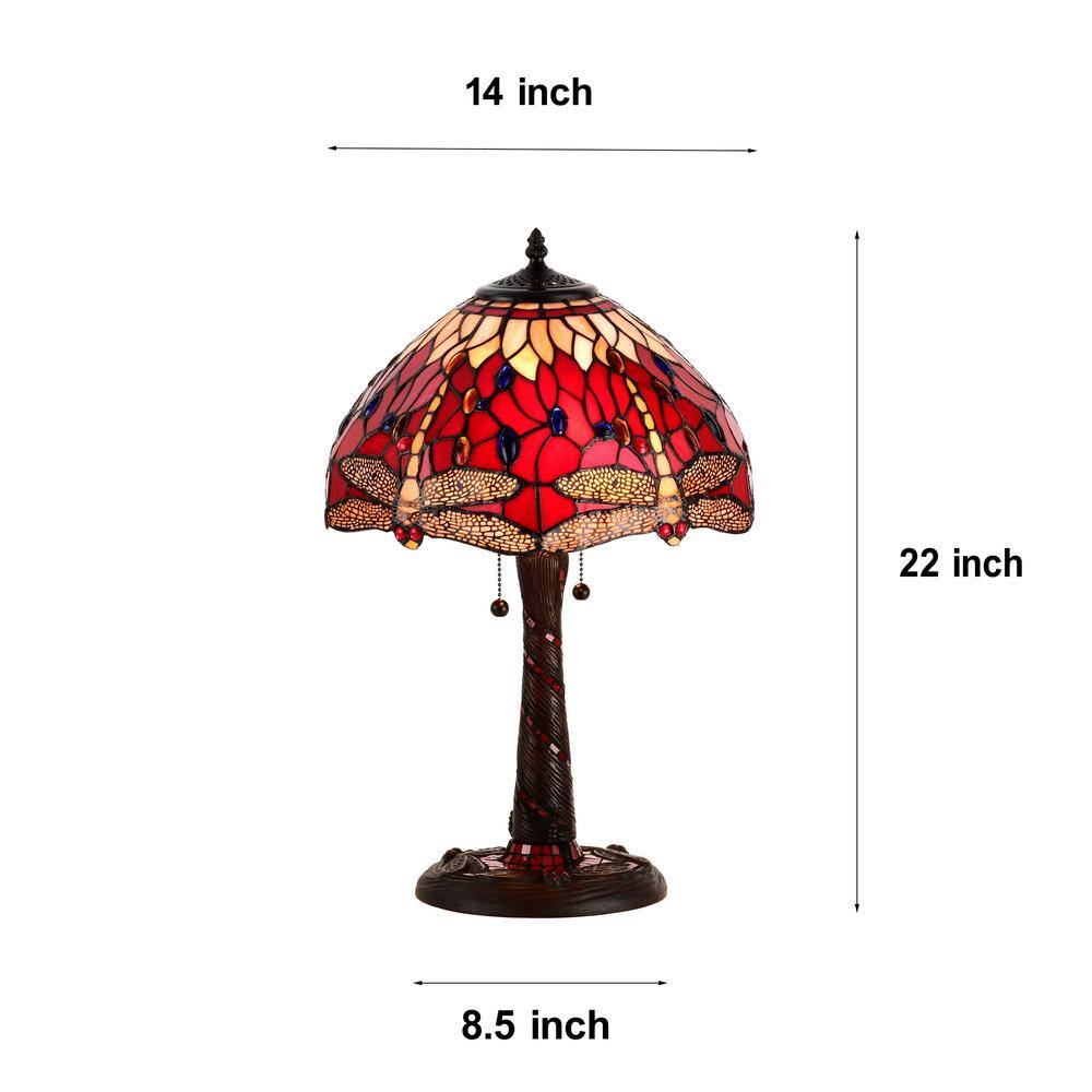 22" Red and Bronze Stained Glass Dragonfly Table Lamp