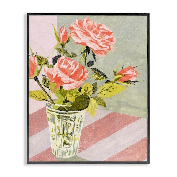 Stupell Industries Pink Roses on Stripes by Melissa Wang Black Framed Nature Giclee Art Print 14 in. x 11 in.