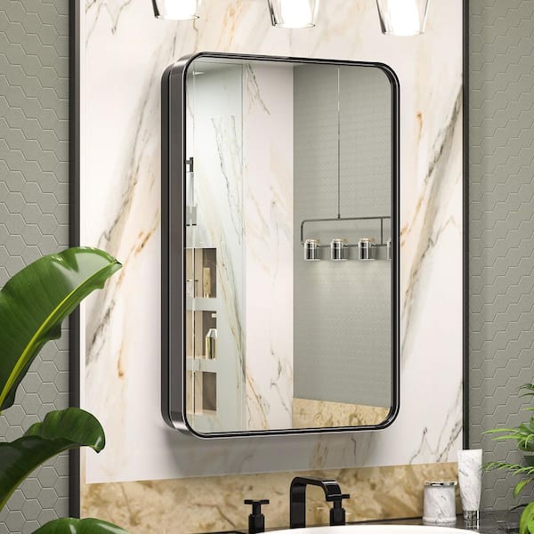17 in. W x 25 in. H Rectangular Black Stainless Steels Framed Recessed/Surface Mount Medicine Cabinet with Mirror