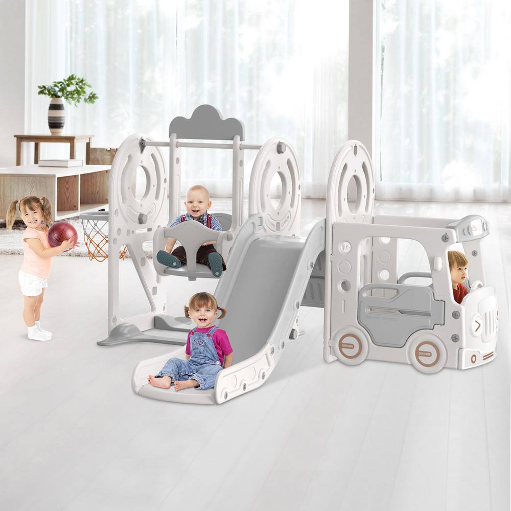 Beige and Gray 5-in-1 Toddler Slide and Swing Set