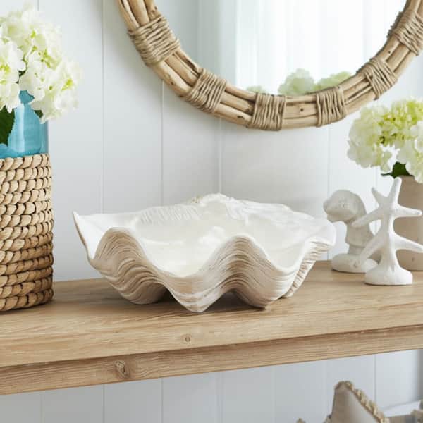 Ivory/Tan 12.75 in. Resin Artisanal Pearlized Shell Decorative Bowl