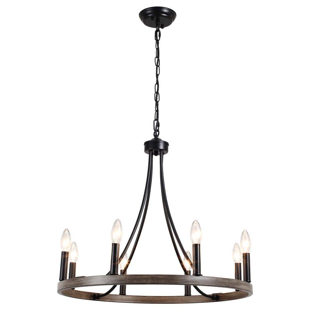 8-Light Black and Imitation Wood Grain Modern Adjustable Height Light Fixtu