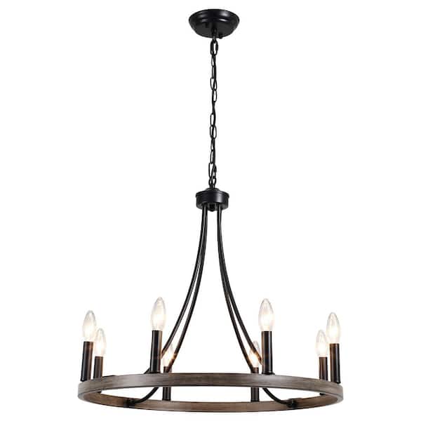 8-Light Black and Imitation Wood Grain Modern Adjustable Height Light Fixture Wagon Wheel Chandelier