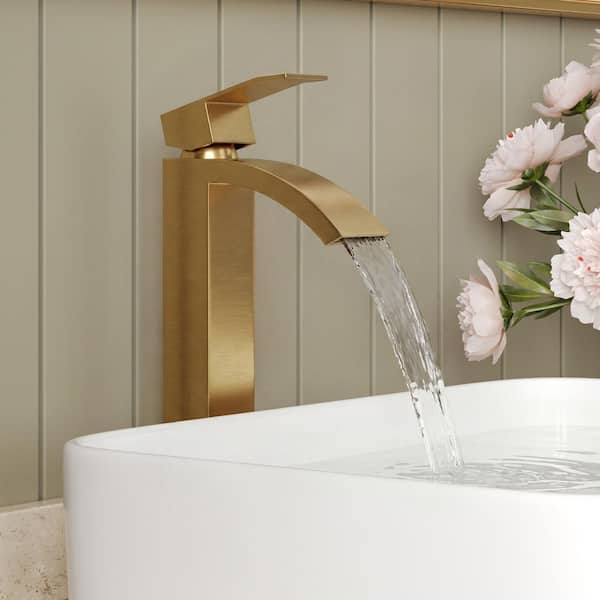 12 in. Waterfall 1-Handle Single Hole Bathroom Faucet with Pop-Up Drain and Stainless Steel 1.2 GPM in Brushed Gold
