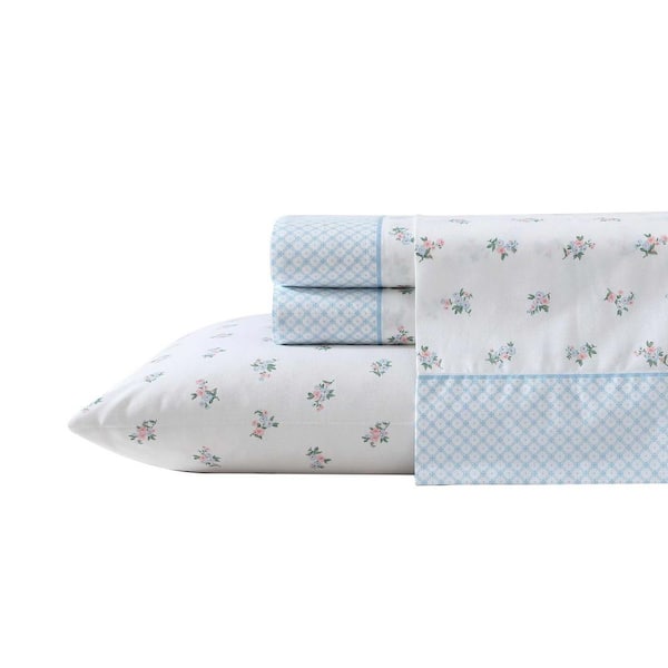 Laura Ashley Harper Ette 3-Piece Blue Pink Cotton Twin Sheet Set