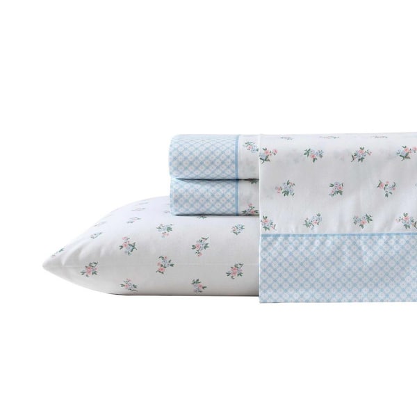 Laura Ashley Harper Ette 4-Piece Blue Pink Cotton Full Sheet Set