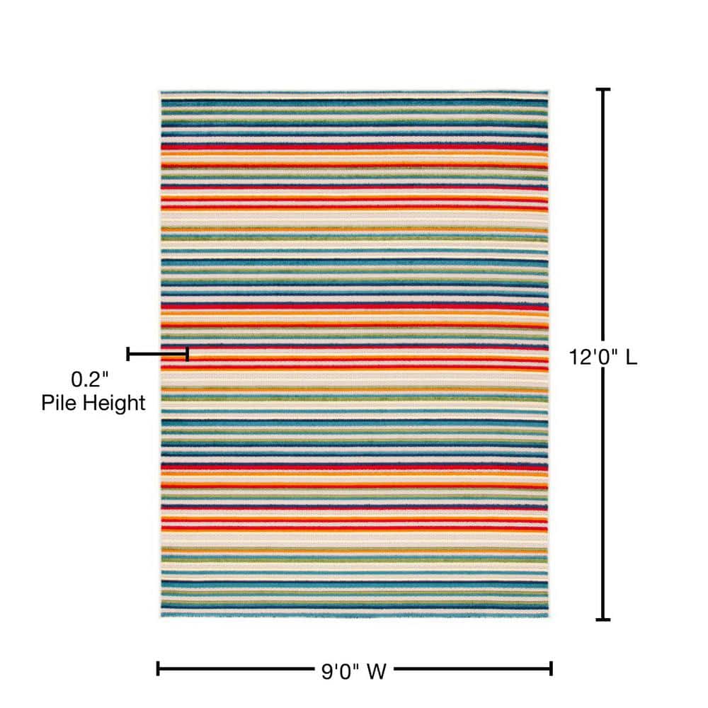 Ivory and Green Striped Synthetic 9' x 12' Indoor/Outdoor Area Rug