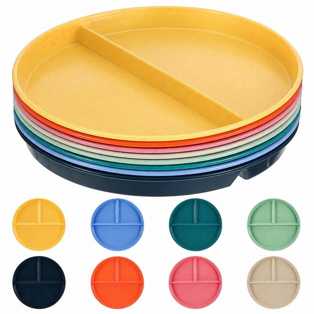 Strew Part Compartment KHKFY 8-Pack 9.6 in. Wheat Straw 3-Compartment Divided Plates Round ...