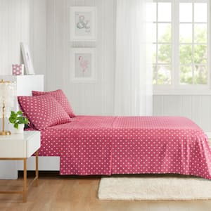 Polka Dot 4-Piece Dark Pink Cotton Queen Printed Sheet Set