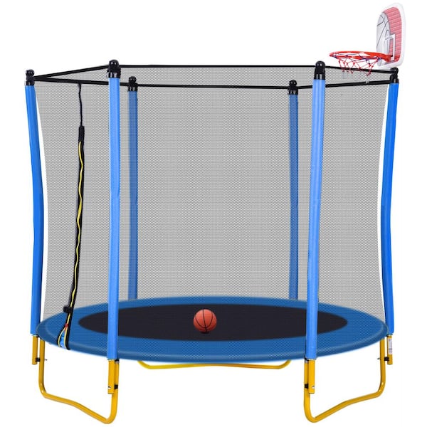 Flynama 5.5 ft. Mini Toddler Trampoline in Blue with Enclosure Basketball Hoop and Ball Included