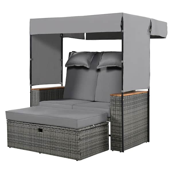 Boosicavelly Black Wicker Outdoor Day Bed with Grey Cushions