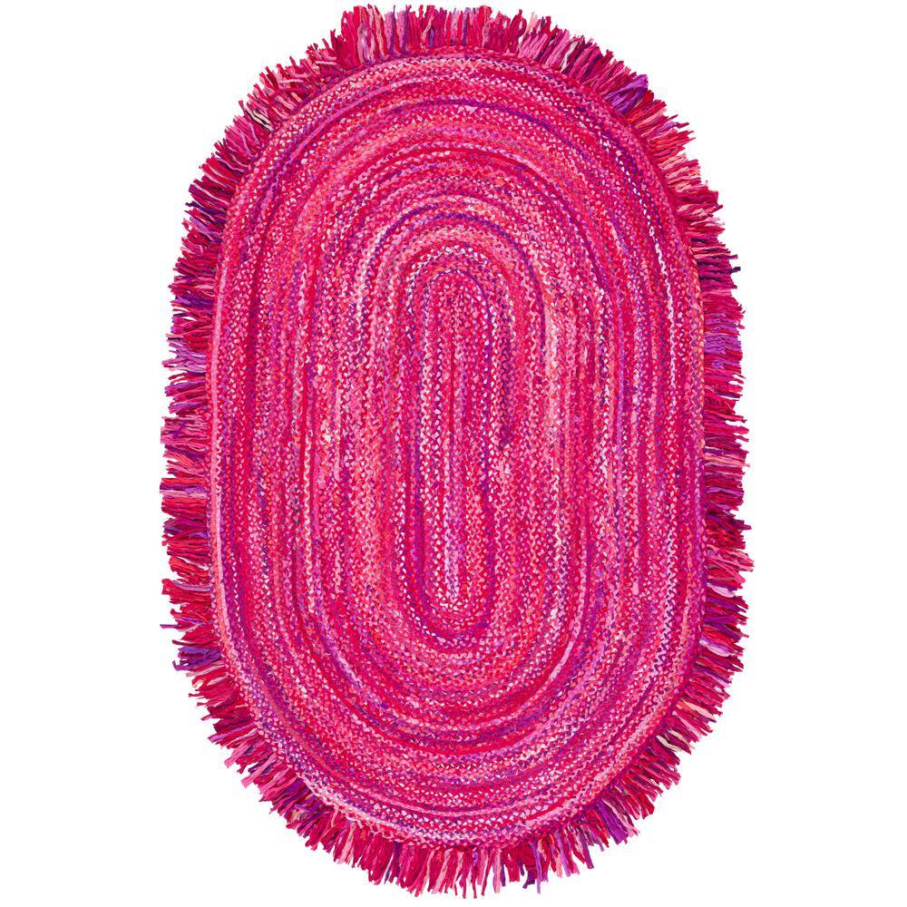 Handmade Pink and Fuchsia Cotton Braided Oval Rug, 3' x 5'