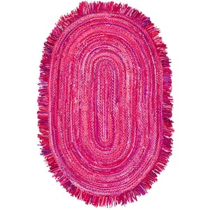 Braided Pink Fuchsia Doormat 3 ft. x 5 ft. Abstract Striped Oval Area Rug