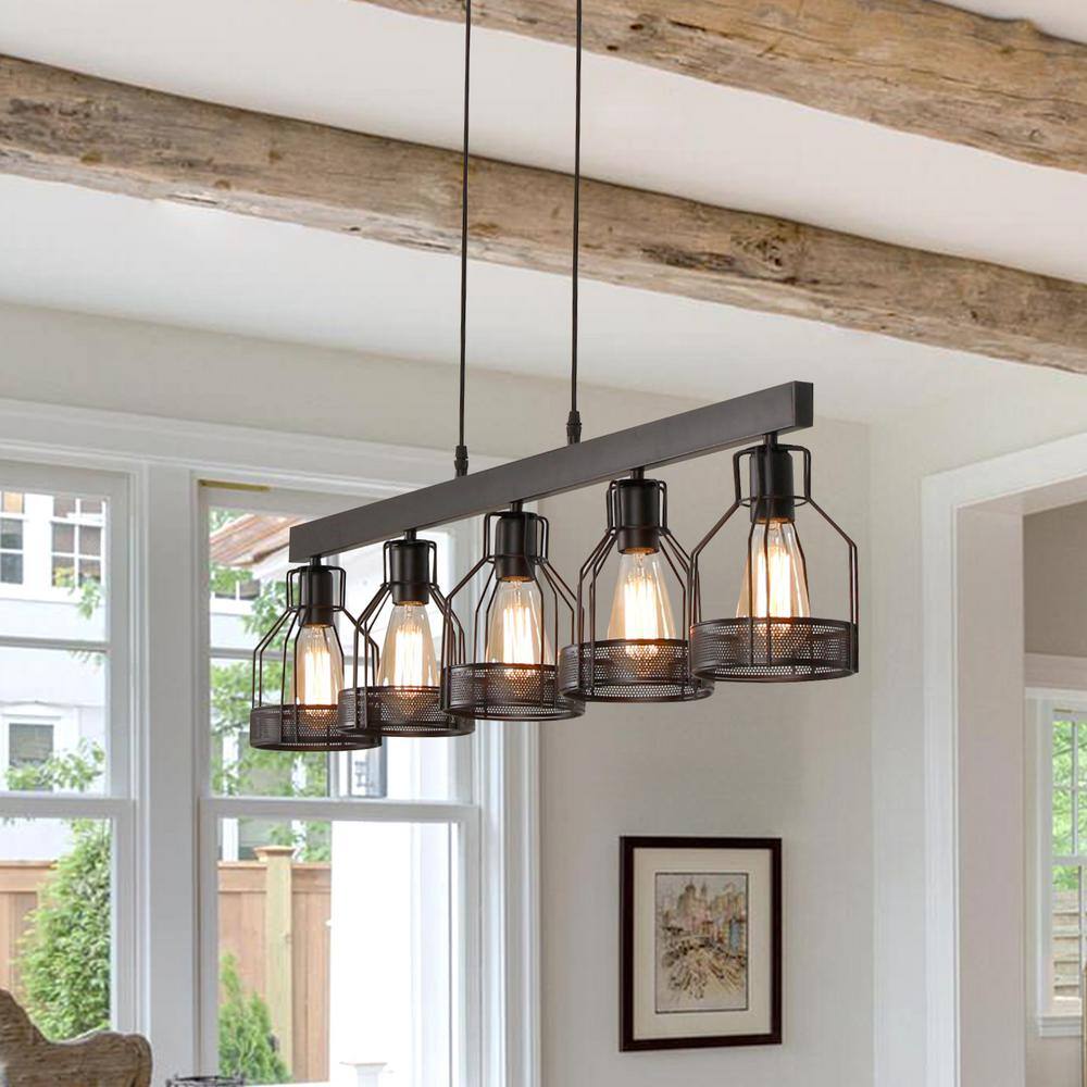 Black Metal Cage 5-Light Linear Island Chandelier