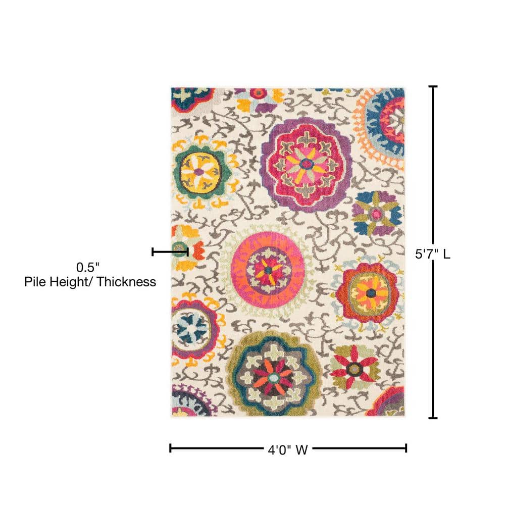 Ivory Floral Elegance 47" Synthetic Rectangular Rug