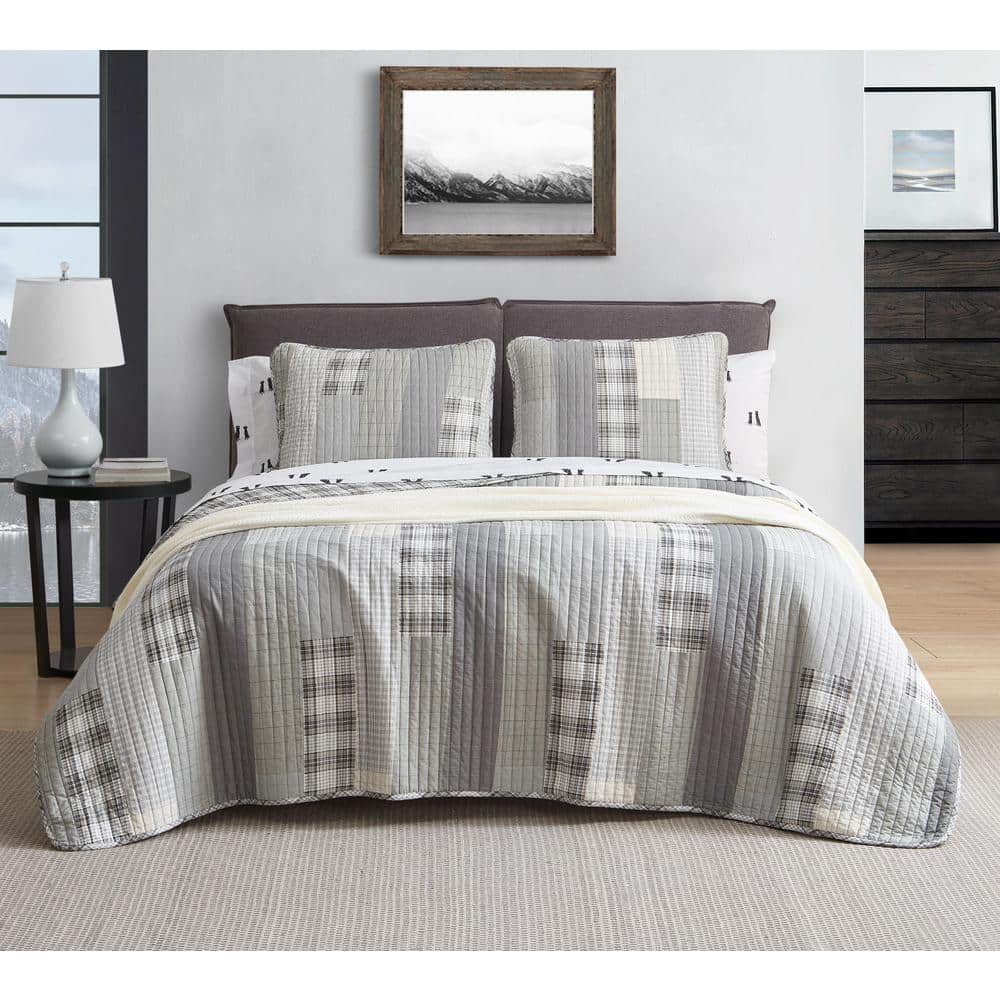 Eddie Bauer Fairview 3Piece Gray Plaid Cotton Full/Queen Quilt Set