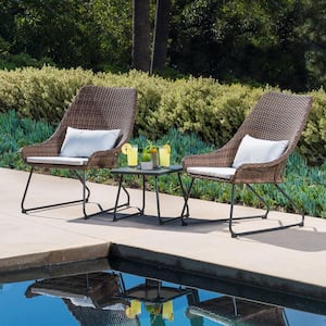 3-Piece Wicker Bistro Set Modern Outdoor Furniture Set 2 Chairs, 15in. Side Table w/ Steel Frames and White Cushions