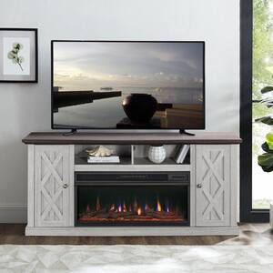 68 in. Freestanding Electric Fireplace TV Stand in Saw Cut Off White with Dark Desktop