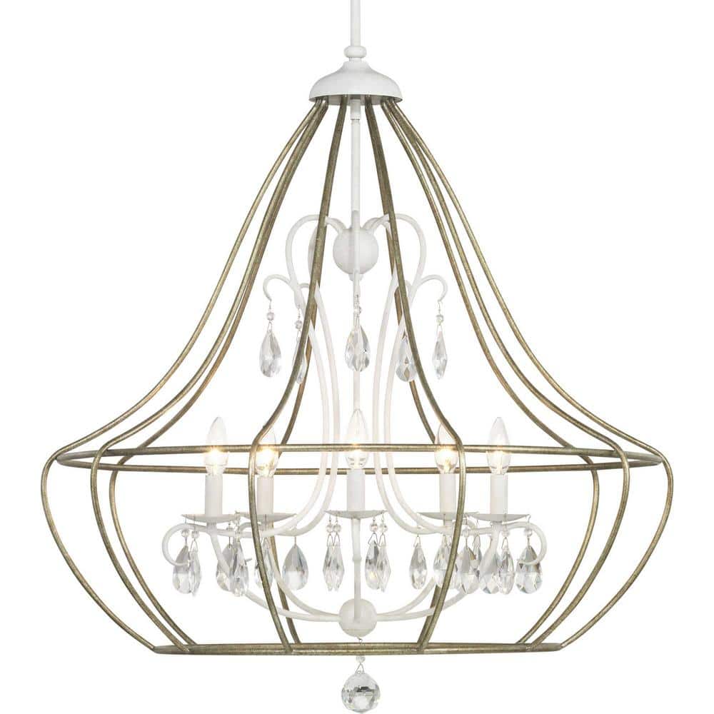 Cottage White Cage Chandelier with Glass Ornaments