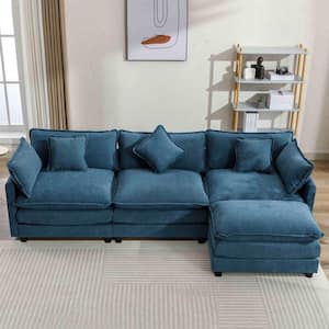 112.2 in. Square Arm Chenille L-Shaped Sofa with Ottoman in Blue