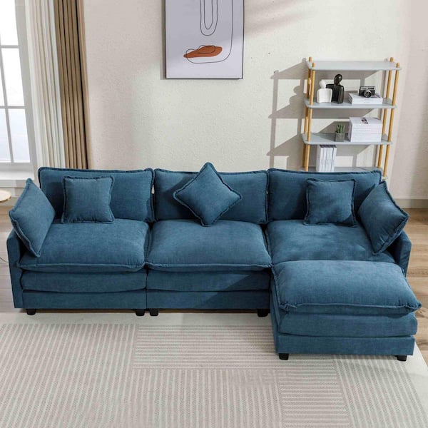 112.2 in. Square Arm Chenille L-Shaped Sofa with Ottoman in Blue