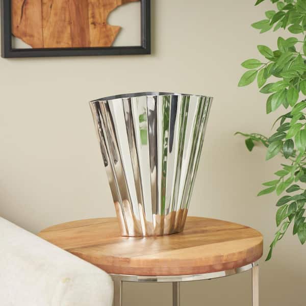 Litton Lane 12 in. Silver Stainless Steel Metal Decorative Vase with Zig Zag Edging