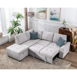 87.4 in. L-Shape Velvet Sectional Sofa in. Gray 5-Seat Sofa Bed with 2-USB, Storage Ottoman and Hidden Storage Arm