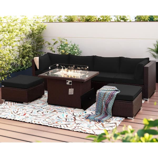 FINCATI Luxury 7-Piece Espresso Wicker Patio Fire Pit Coversation Sectional Sofa Set with Ottomans and Black Cushions