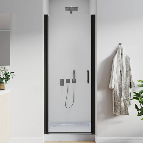 30 to 31-1/4 in. H Pivot Swing Frameless Shower Door in Black with Clear Glass