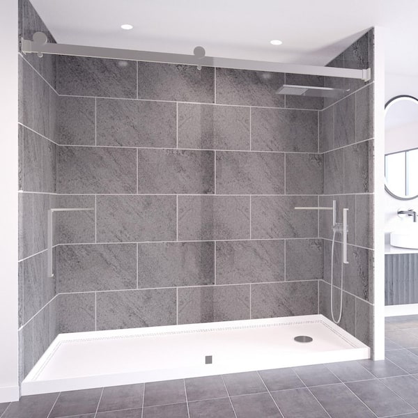NuVo Slate Grey-Tetherow 60 in. x 32 in. x 99 in. Floor/Ceiling Base/Wall/Door Shower Stall/Kit Chrome Right