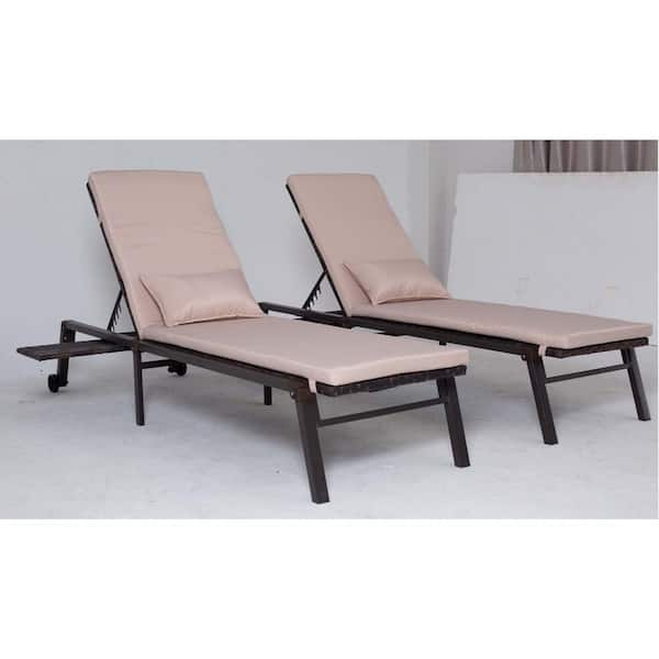 Brown Wicker Outdoor Chaise Lounge with khaki Cushions,Wheels, Adjustable Backrest,5-Position Sunbathing Chair Set of 2