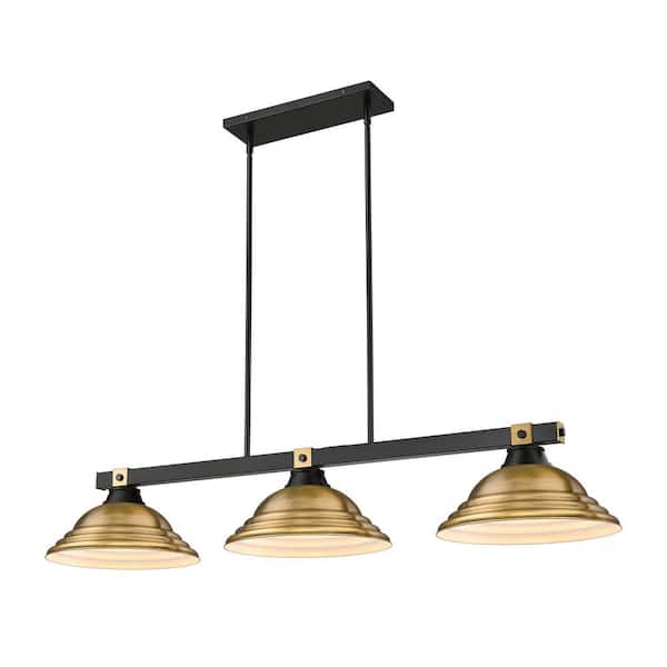 Bronte 54.75 in. Matte Black + Rubbed Brass 3 Light Billiard Light with Stepped Rubbed Brass Shades