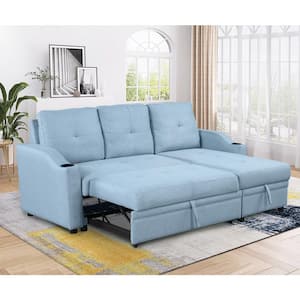 80 in. Blue Linen Upholstered Twin Size Sofa Bed with Storage Chaise