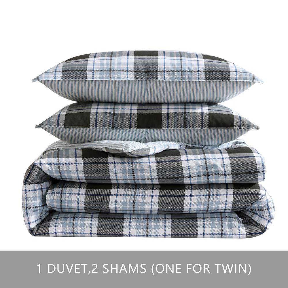 Twin Navy Plaid Cotton Duvet Cover Set with Sham
